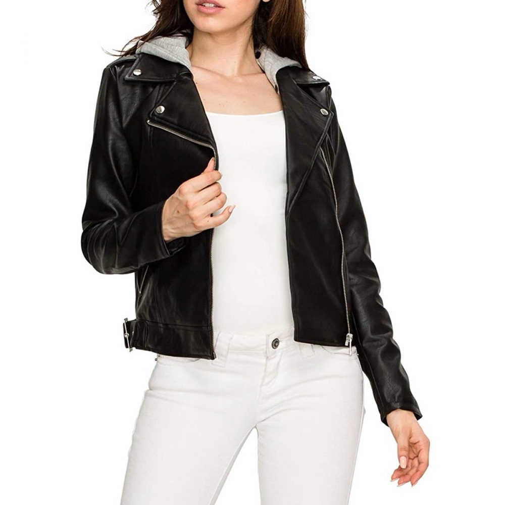 Black Rivet faux leather jacket with removable hood